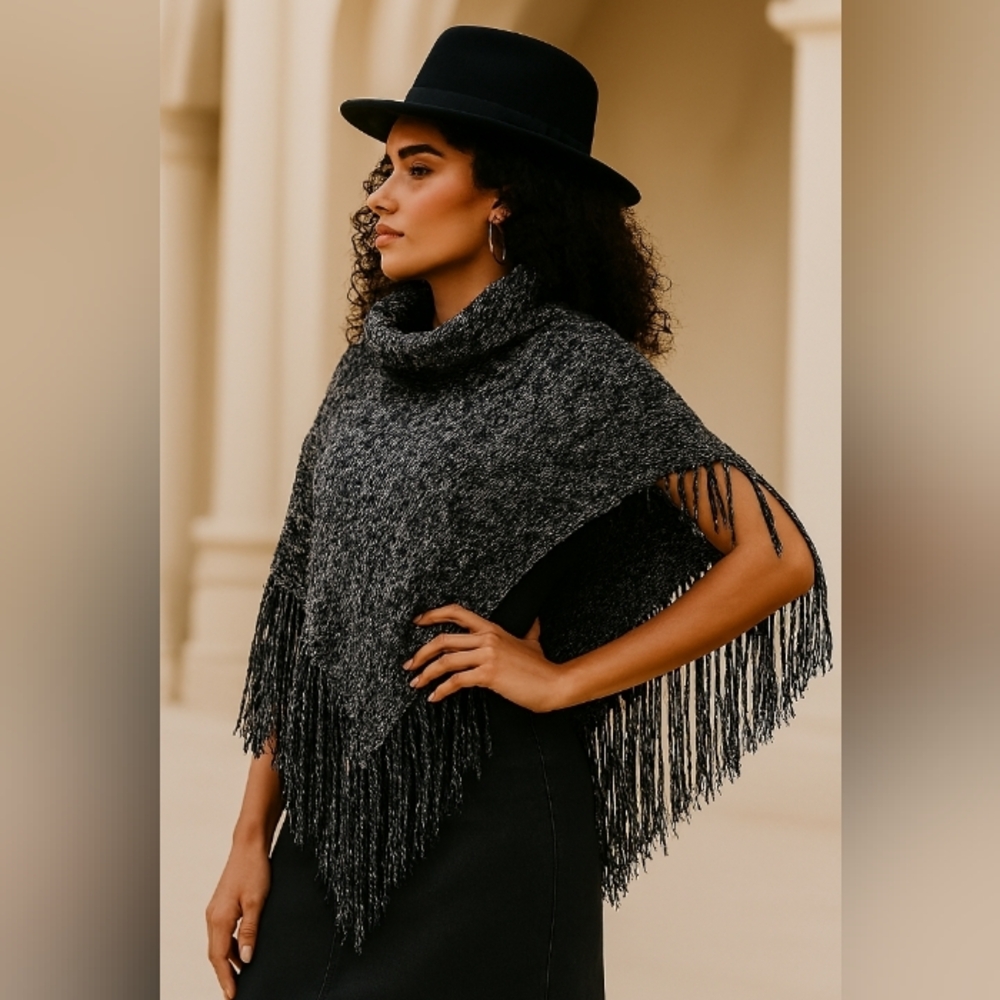 Tickled Pink Cowl Neck Shoulder Pancho Black White Small/Medium